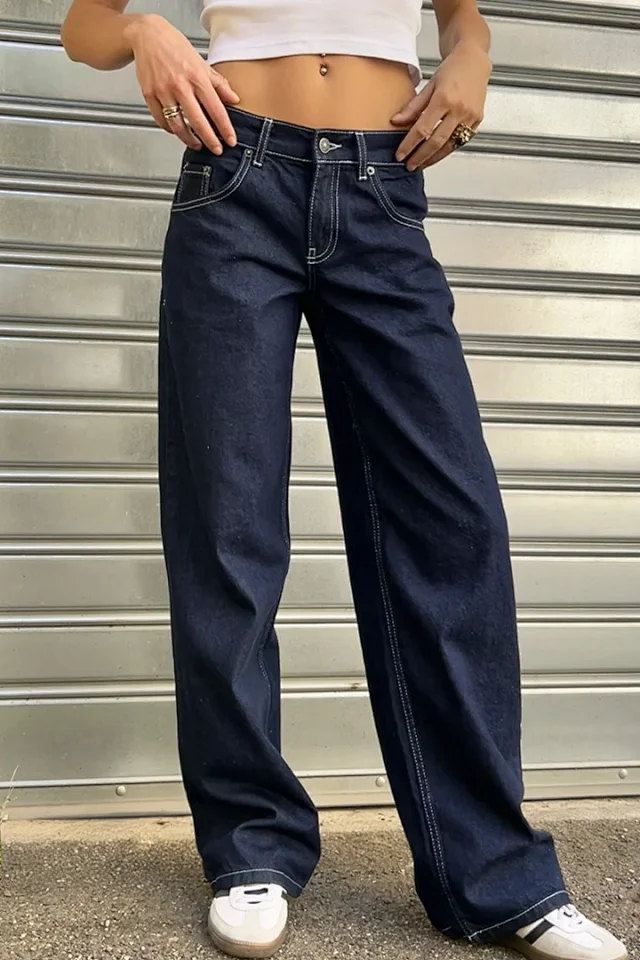 Retro Gray Distressed Wide-Leg High-Waist Jeans Detail