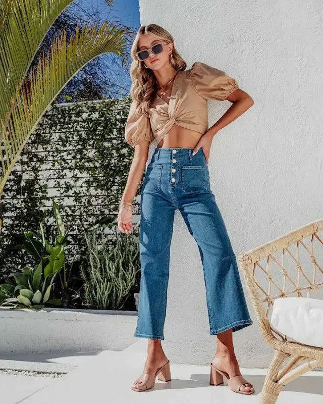 Retro Indigo Striped Wide-Leg High-Waist Jeans Detail