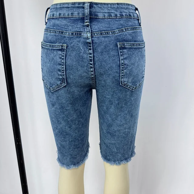 Summer Denim Ripped Capris with Fringe Detail