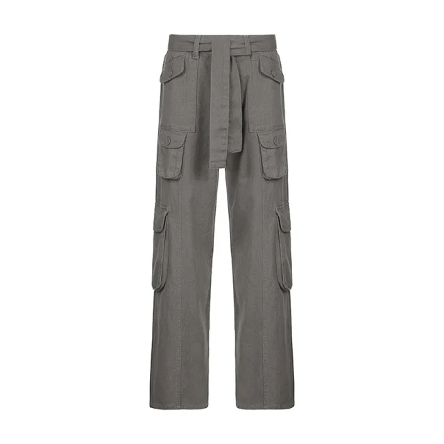 Trendy Women's Gray Wide-Leg Cargo Pants Detail