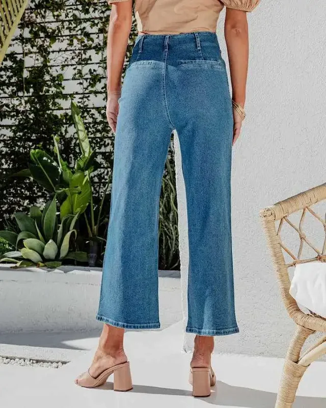 Retro Indigo Striped Wide-Leg High-Waist Jeans Detail
