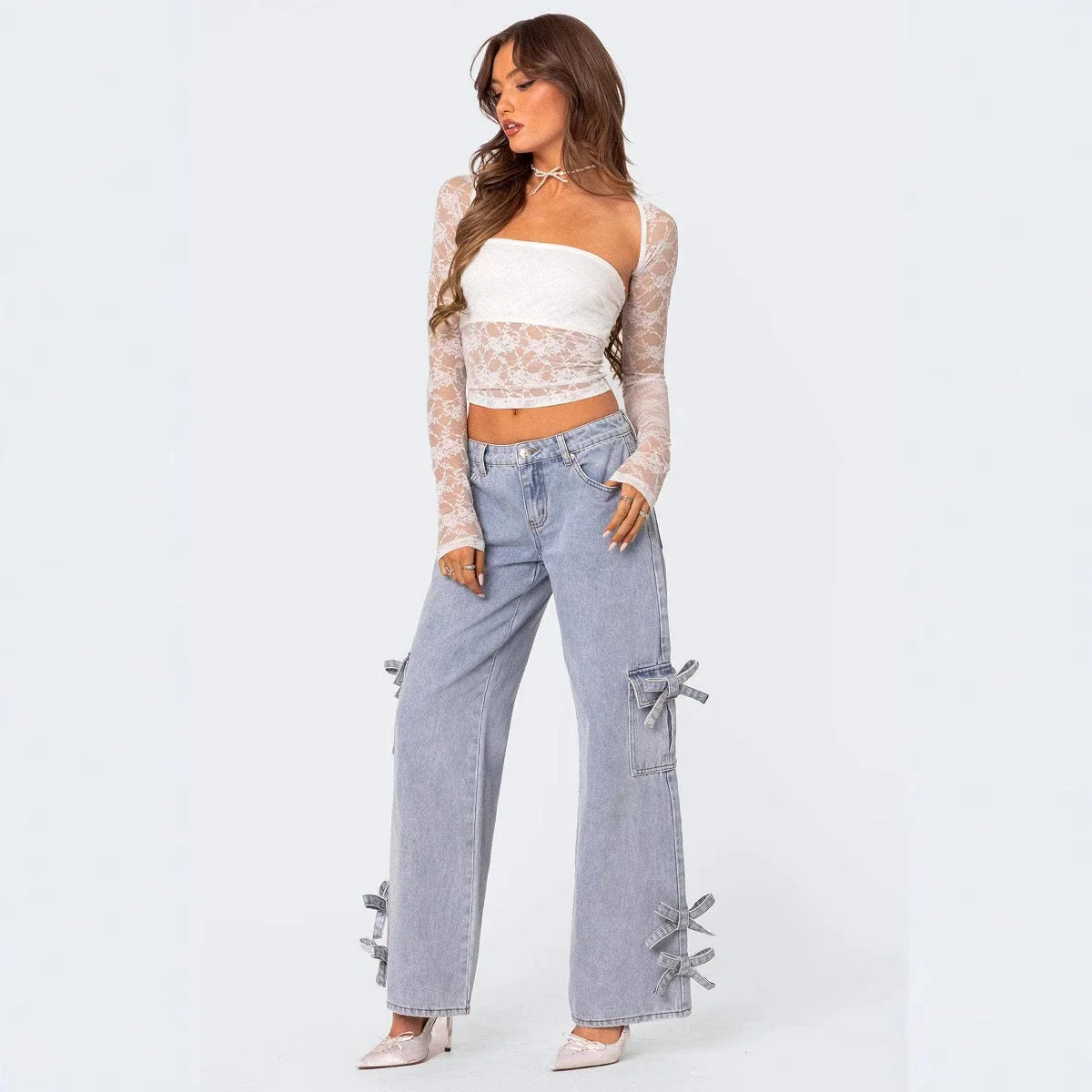 Retro Bow - Tie Mid - Rise Straight Pants