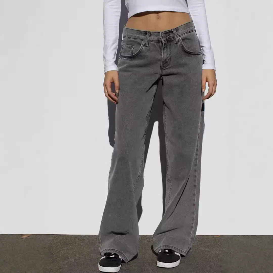 Retro Gray Distressed Wide-Leg High-Waist Jeans