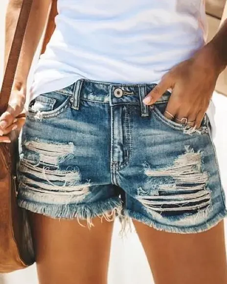 Eaby High-waist Tassel Ripped Denim Shorts Detail
