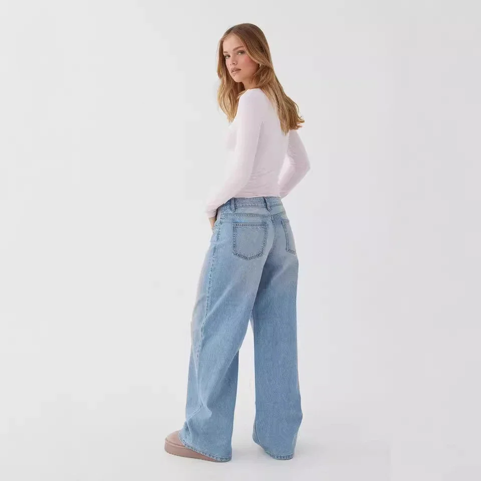Retro Gray Distressed Wide-Leg High-Waist Jeans