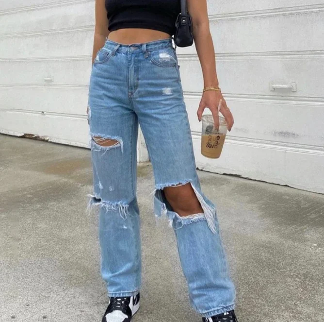 High-waisted Wide-leg Ripped Jeans for Women