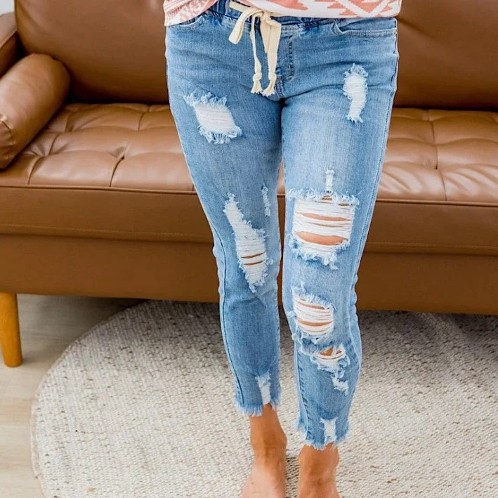 High-Waist Ripped Elastic Waist Jeans for Women