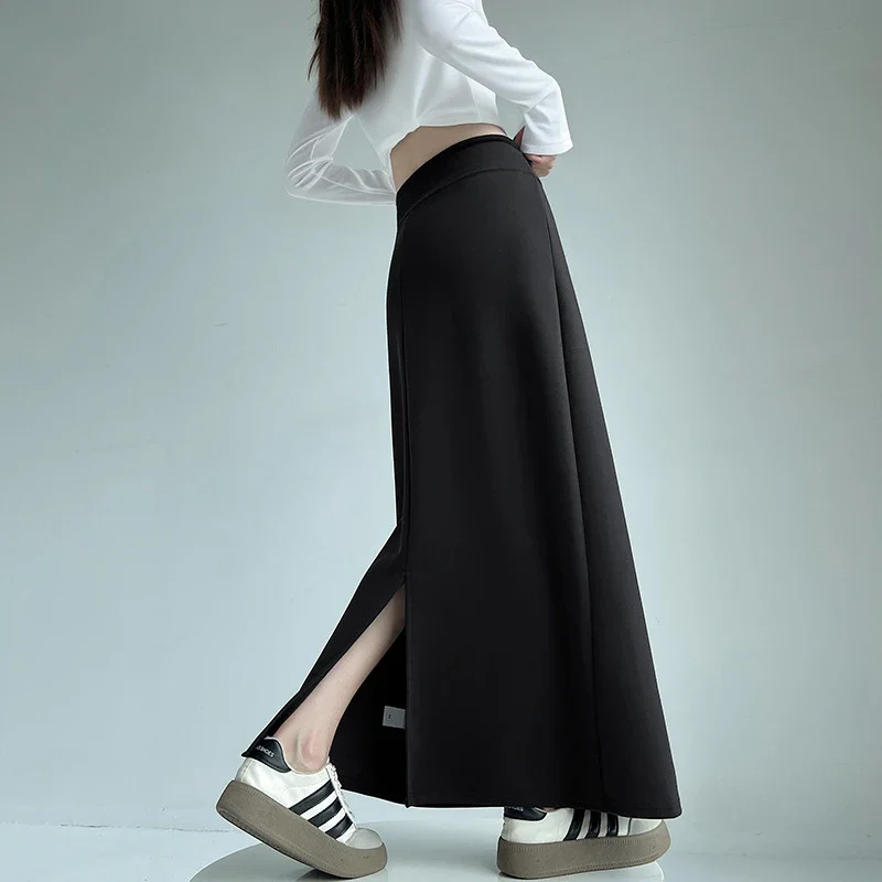 25 Korean Style Autumn-Winter Casual Drawstring Elastic Waist A-line Midi Skirt with Slit