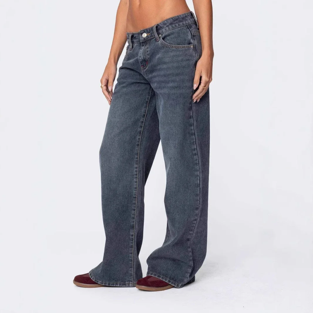 Wide-Leg Low-Waist Retro Denim Pants for Women