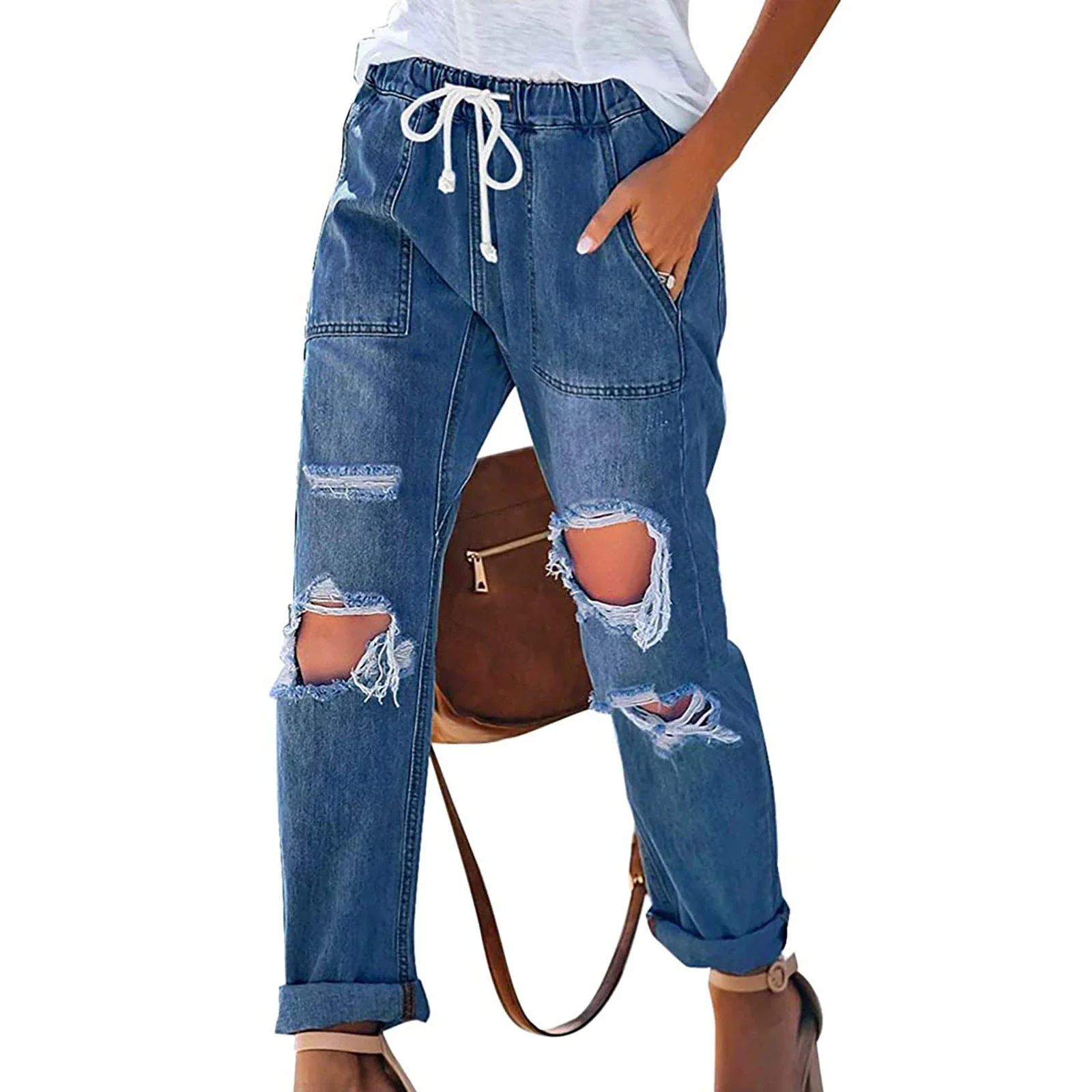 Women's Classic Elastic Drawstring Ripped Jeans