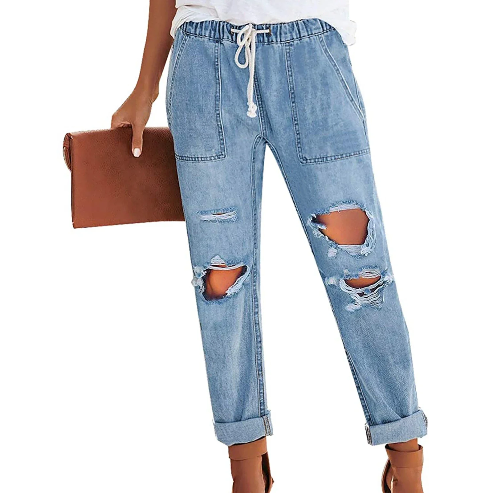 Women's Classic Elastic Drawstring Ripped Jeans