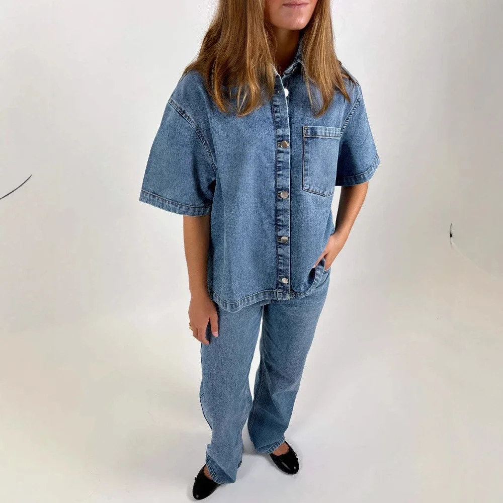 2025 Summer Retro Denim Short-Sleeve Shirts for Women