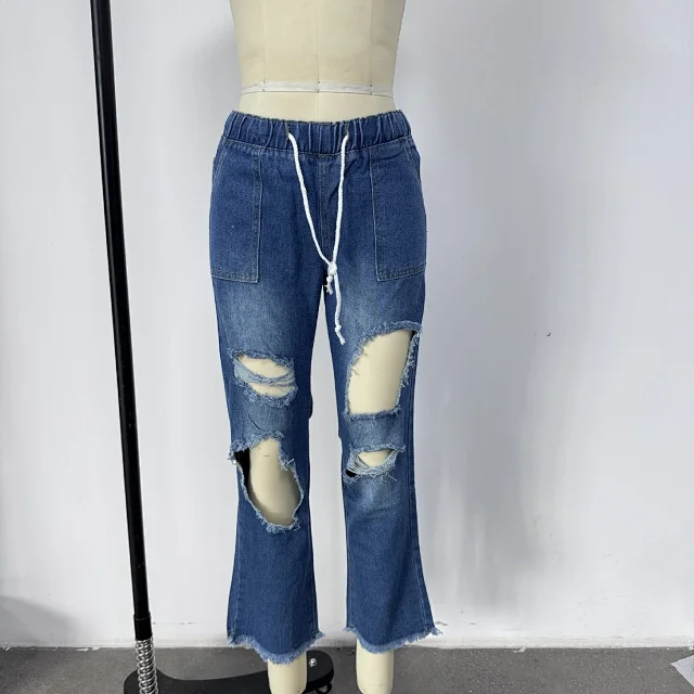 Women's Classic Elastic Drawstring Ripped Jeans Detail