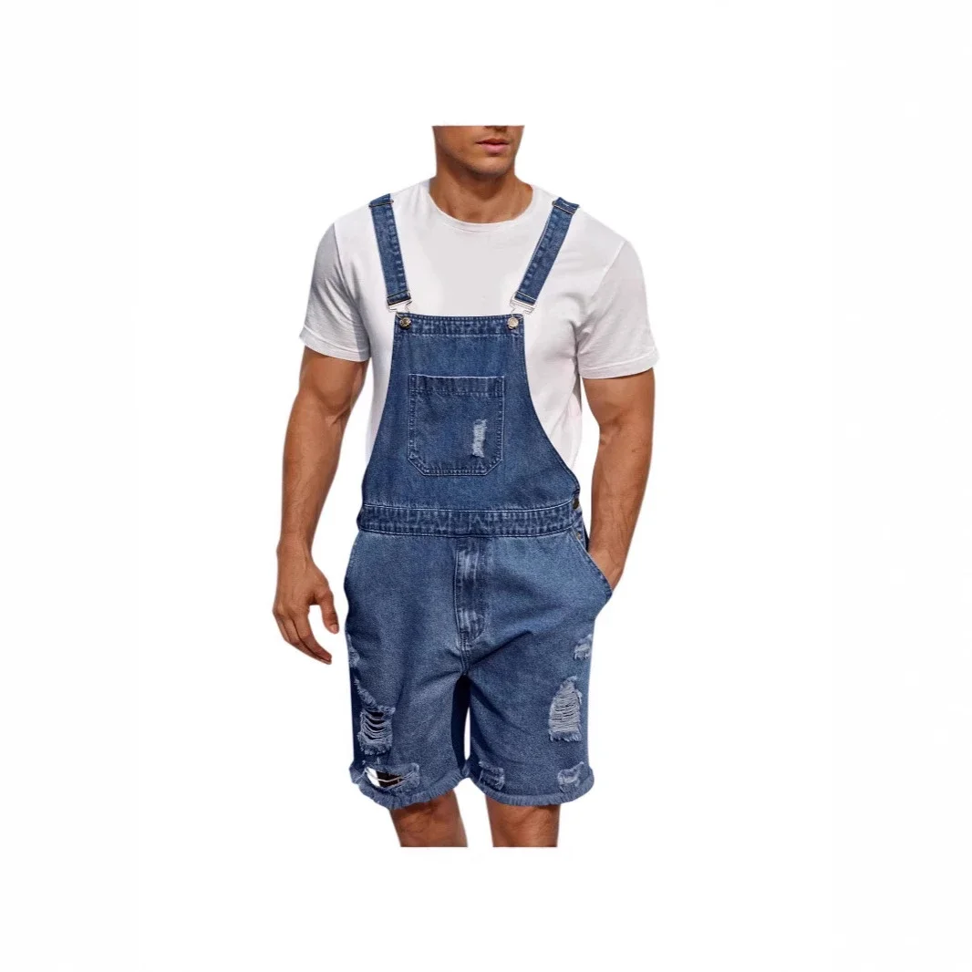 TEMU Big Size Ripped Men's Denim Bib Shorts