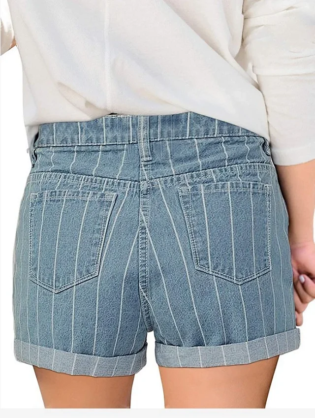 High-waisted Striped Cuffed Denim Shorts for Women Detail