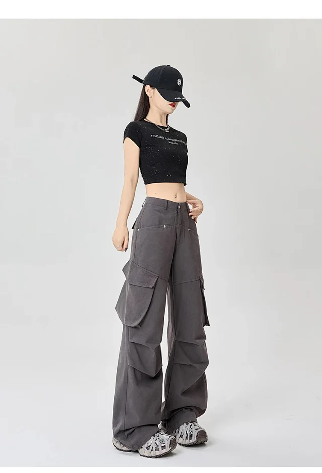 American Retro Pleated Multi-pocket Streetwear Cargo Pants Detail