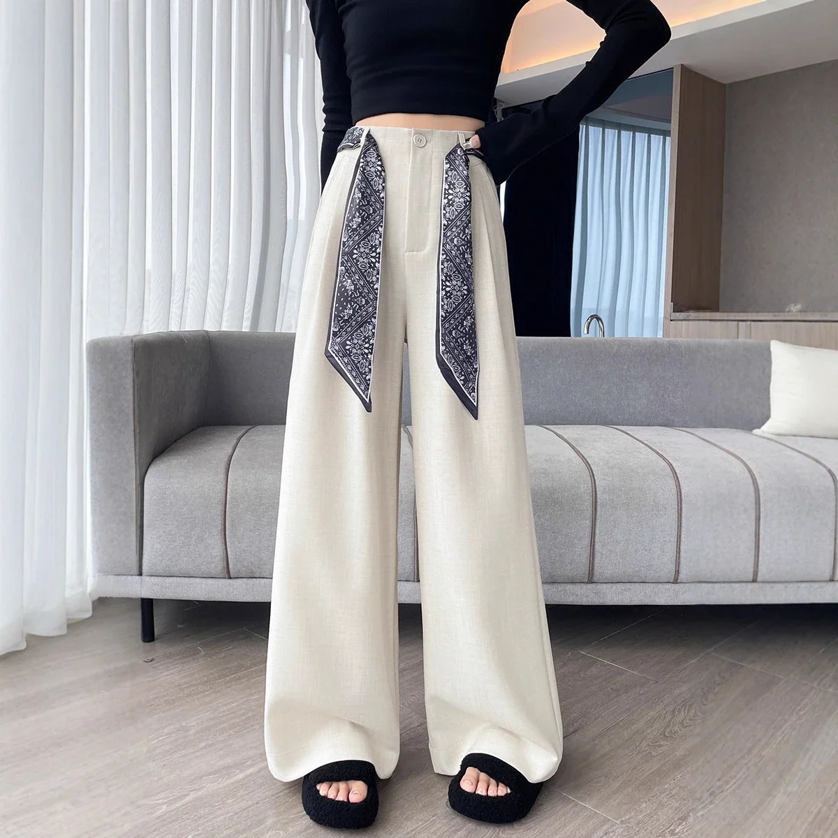 2025 Women's Wide-Leg High-Waist Suit Pants with Scarf Belt