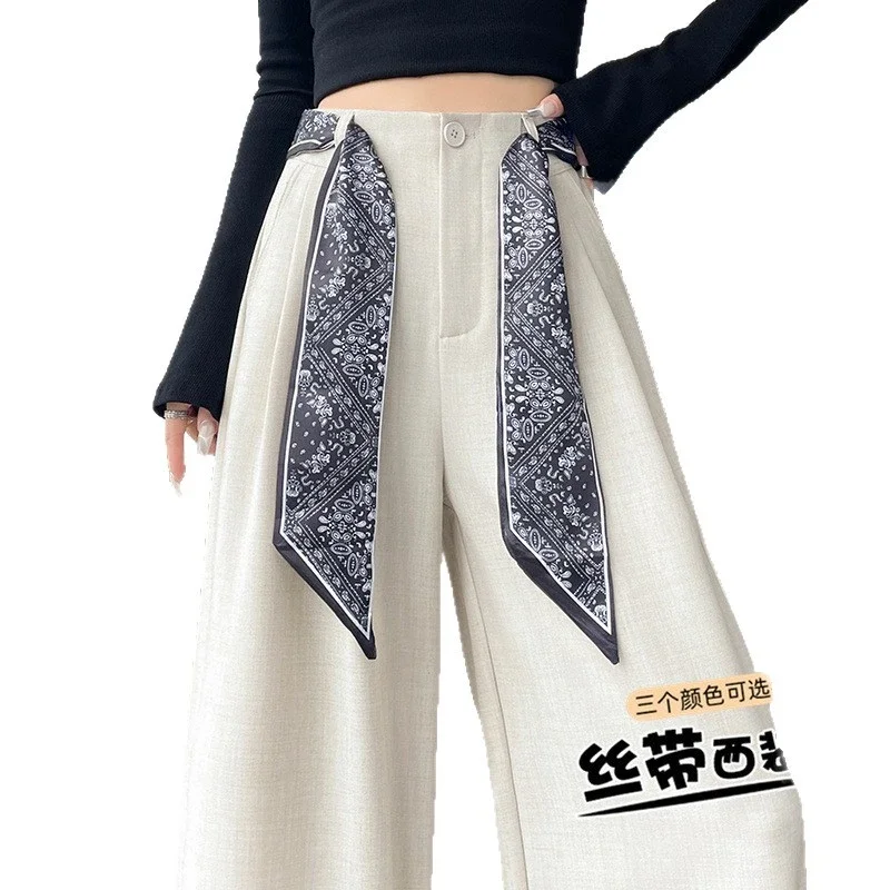 2025 Women's Wide-Leg High-Waist Suit Pants with Scarf Belt