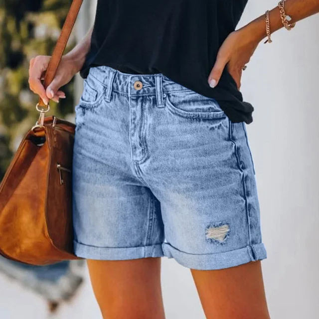 Women's High - Waisted Tassel Ripped Denim Shorts (Plus Size, 7 Colors Added) Detail