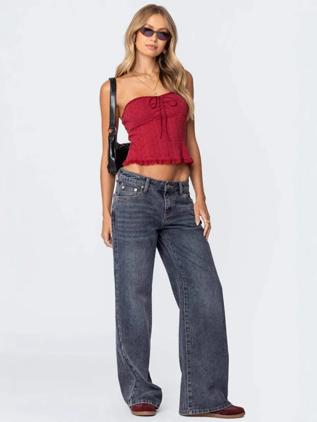 Wide-Leg Low-Waist Retro Denim Pants for Women Detail