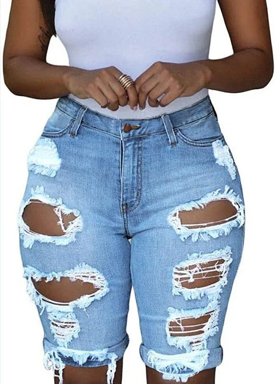 8851# Trendy 2025 Women's Distressed Denim Shorts (Euro - American Style) Detail