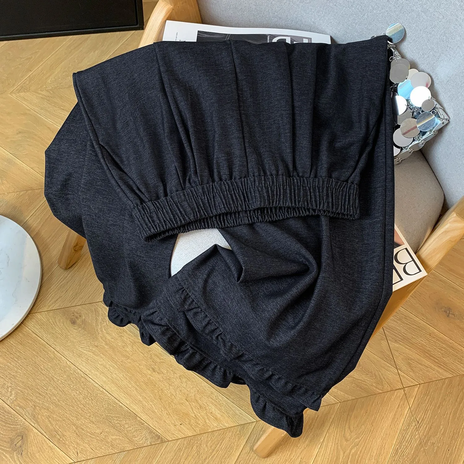 2025 Autumn New Thickened Tencel Denim Ruffle Trim Relaxed Fit Straight Cropped Pants for Women