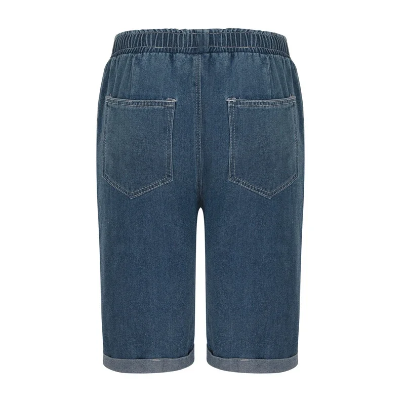 European & American Sourced Women's Loose Straight Cuffed Dark Blue Denim Capris