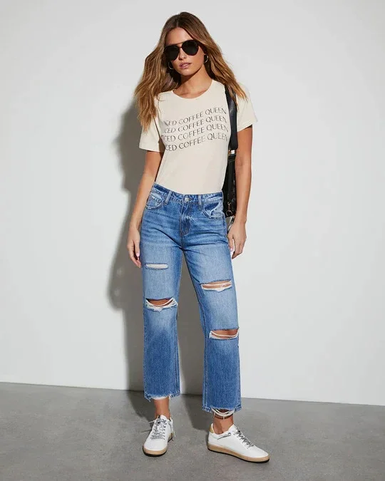 European American Sourced Summer Slim Fit Cotton High - Waist Straight - Leg Cropped Jeans Detail