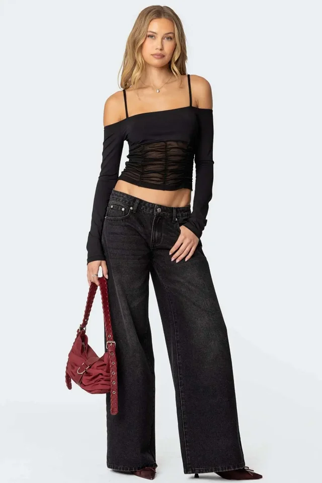 Women's Wide-Leg Printed Denim Pants Detail