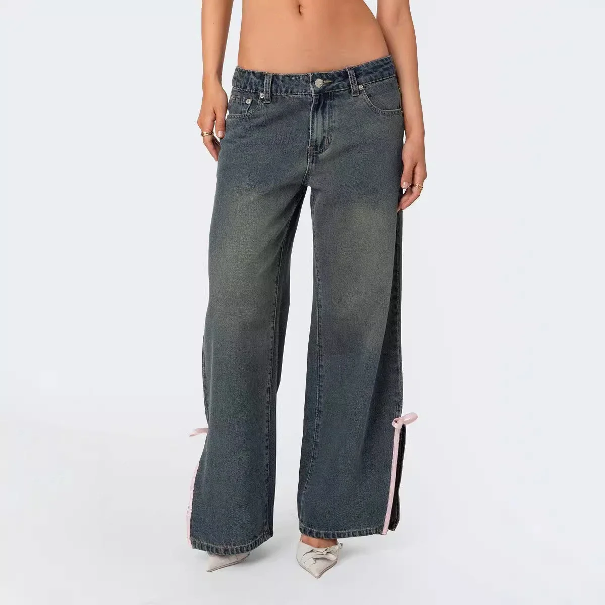 European Fashion New Micro-flared Mid-rise Slim Bow Side Split Jeans