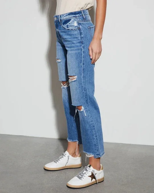 European American Sourced Summer Slim Fit Cotton High - Waist Straight - Leg Cropped Jeans Detail