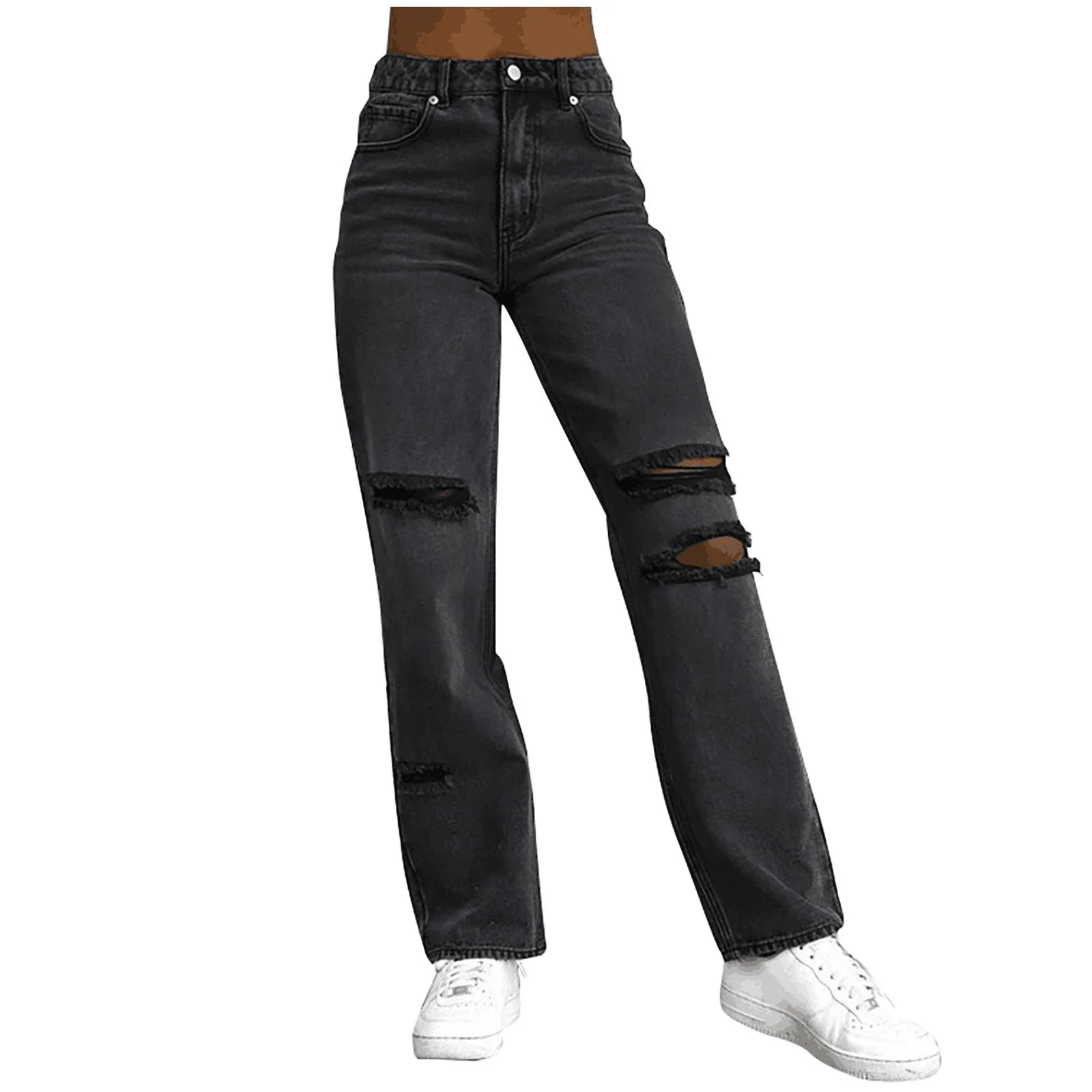 Women's Distressed Slim-Fit Solid Denim Pants