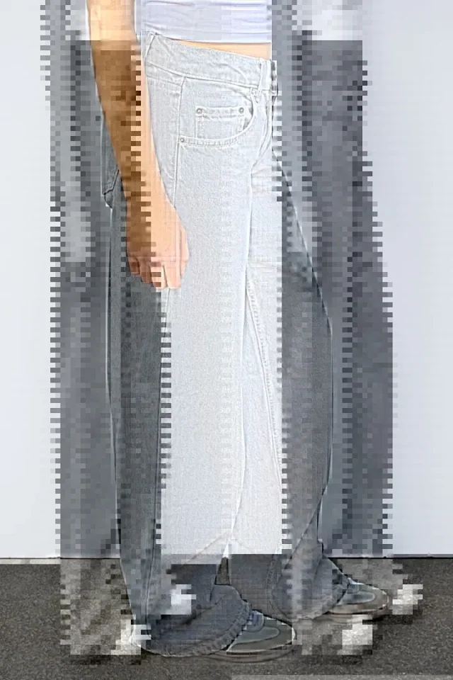 Retro Gray Distressed Wide-Leg High-Waist Jeans Detail