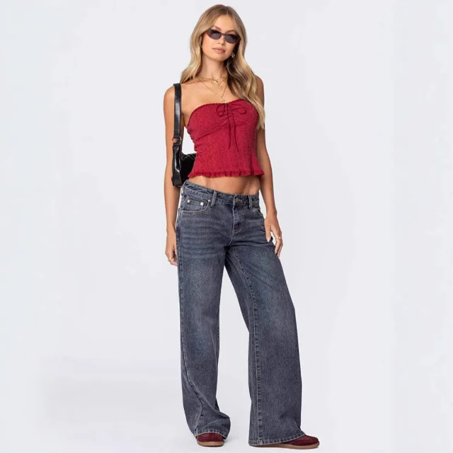 Wide-Leg Low-Waist Retro Denim Pants for Women Detail