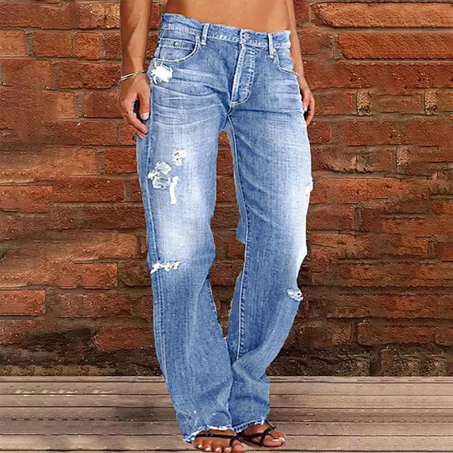 Women's Trendy Distressed Mid - rise Straight Jeans Detail