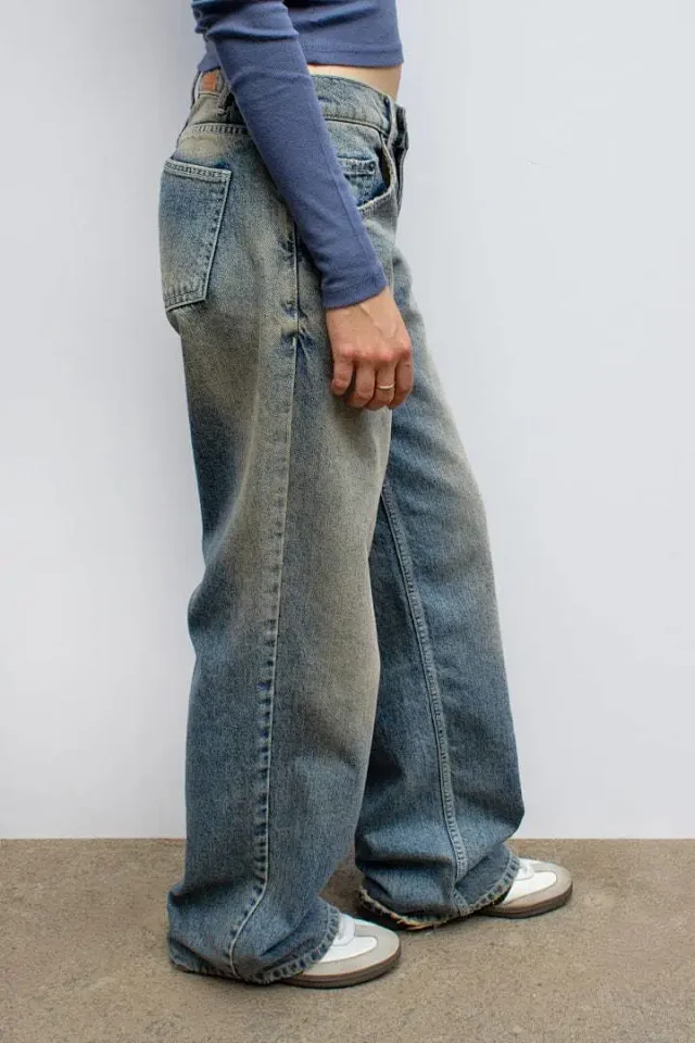 Retro Gray Distressed Wide-Leg High-Waist Jeans Detail