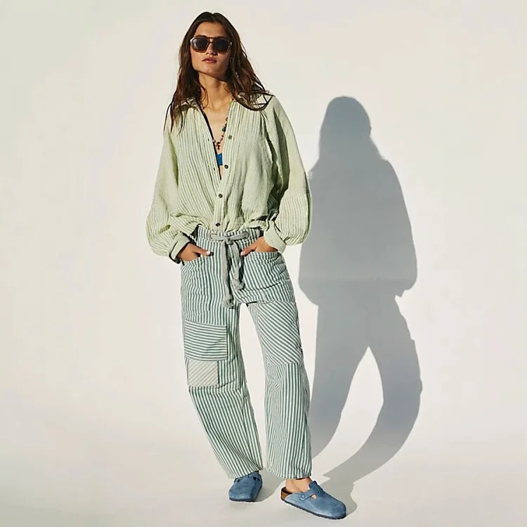 Mid-waist Striped Wide-leg Pants