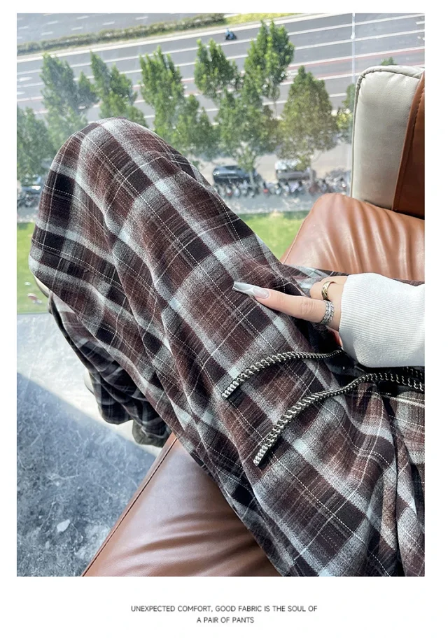 Women's Vintage Plaid Loose High-Waist Pants Detail