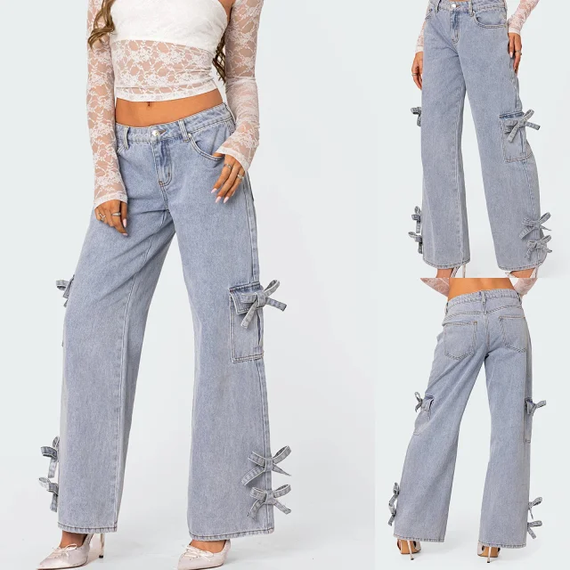 Retro Bow - Tie Mid - Rise Straight Pants Detail