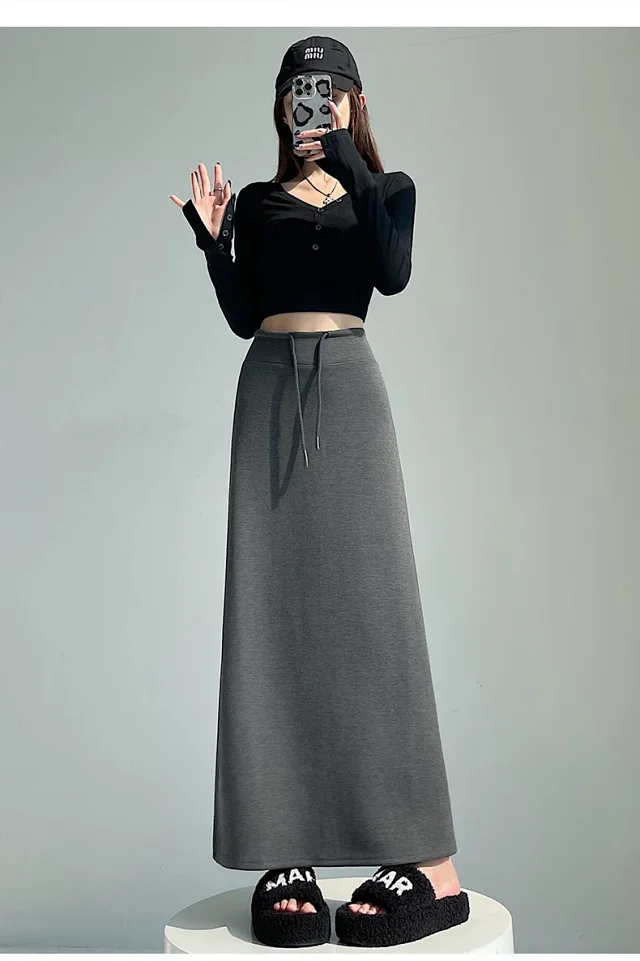 25 Korean Style Autumn-Winter Casual Drawstring Elastic Waist A-line Midi Skirt with Slit Detail