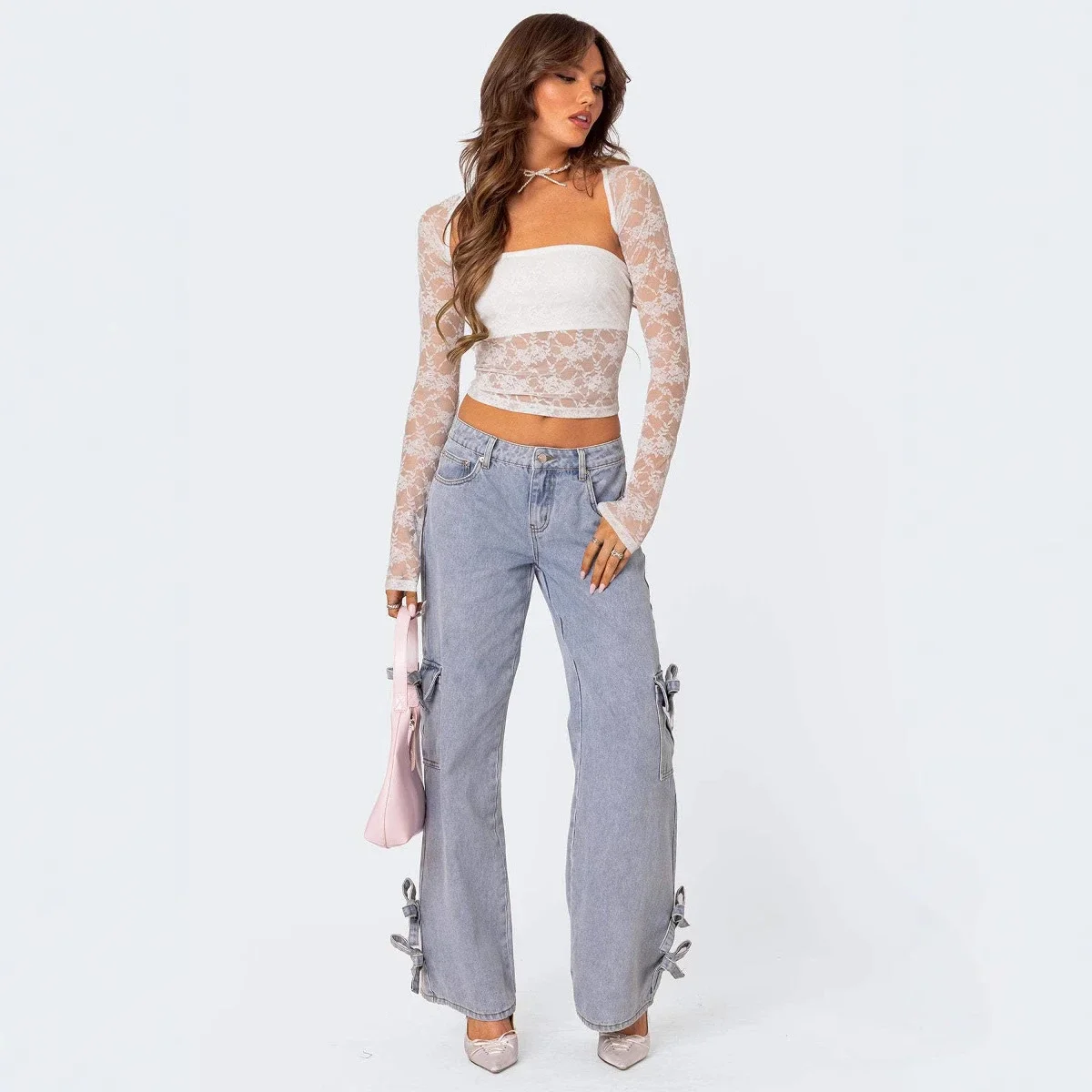 Retro Bow - Tie Mid - Rise Straight Pants