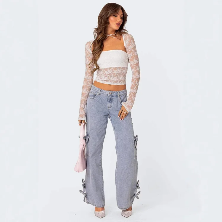 Retro Bow - Tie Mid - Rise Straight Pants