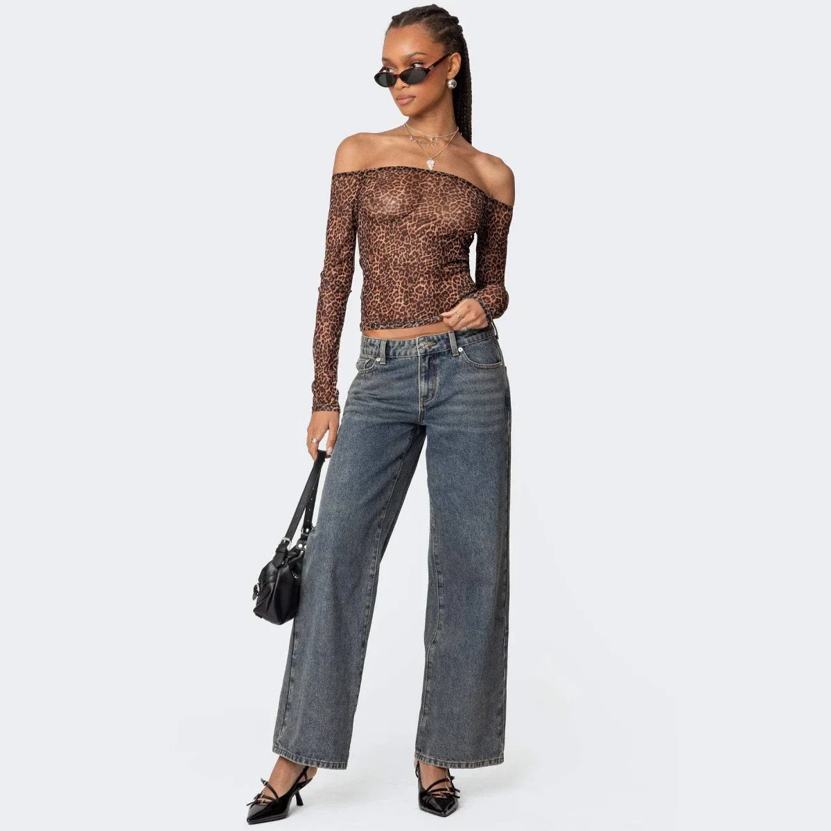 Low - Waist Leopard - Print Pocket Wide - Leg Jeans