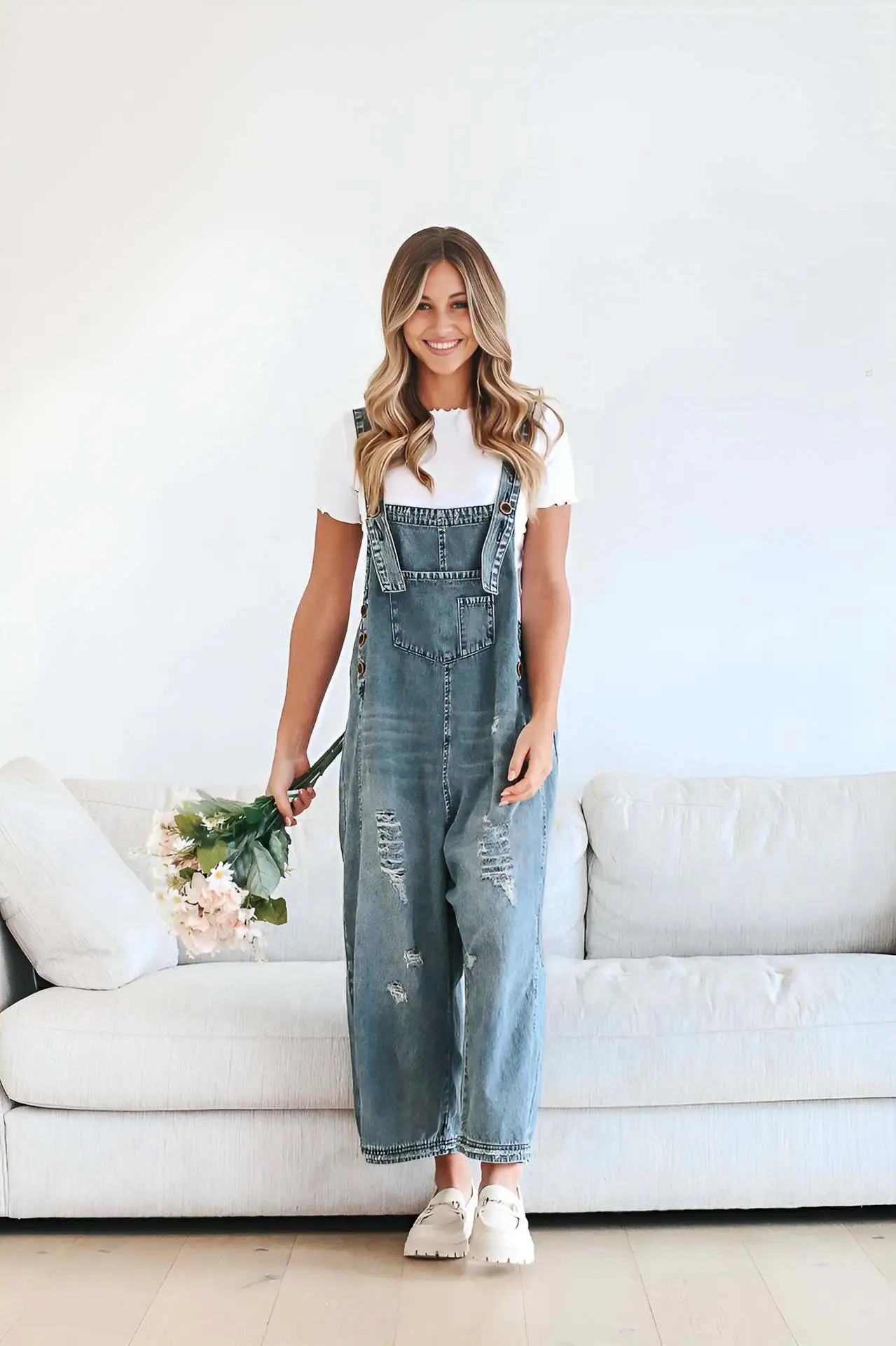 Vintage Distressed Wide-Leg Denim Overalls for Women