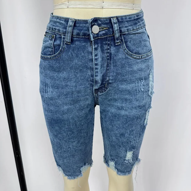 Summer Denim Ripped Capris with Fringe Detail