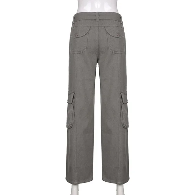 Trendy Women's Gray Wide-Leg Cargo Pants Detail