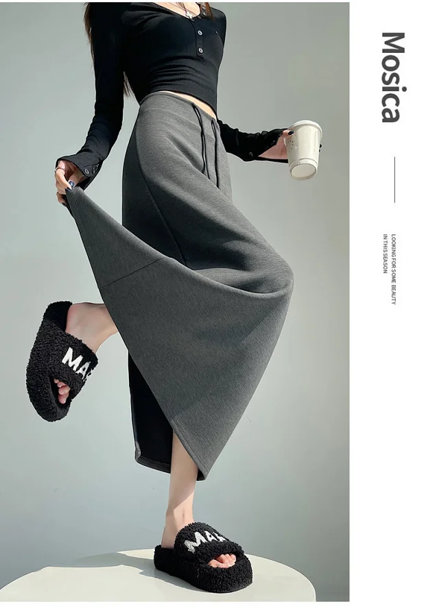 25 Korean Style Autumn-Winter Casual Drawstring Elastic Waist A-line Midi Skirt with Slit Detail