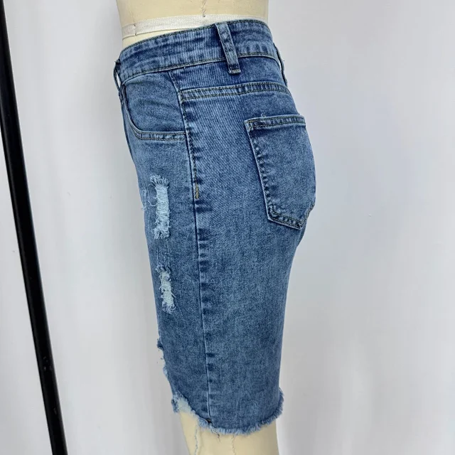 Summer Denim Ripped Capris with Fringe Detail