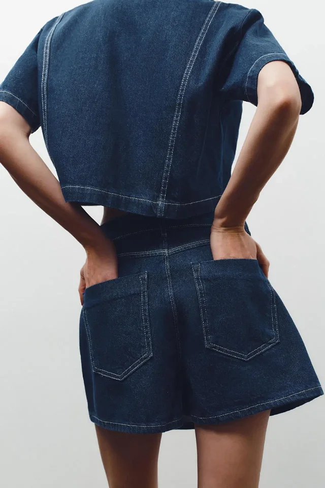 European and American Denim Shirt & Skirt/Pants Set Detail