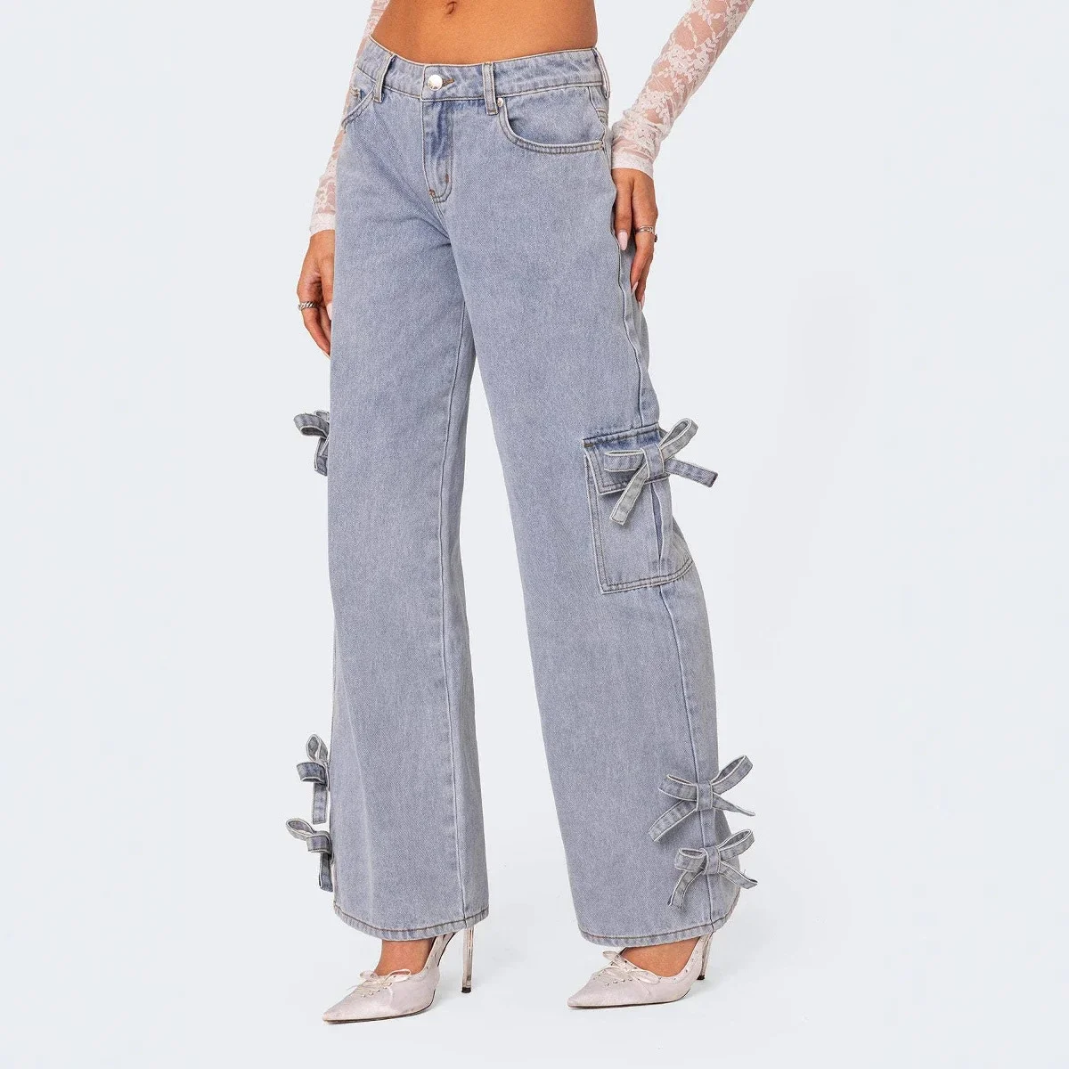 Retro Bow - Tie Mid - Rise Straight Pants